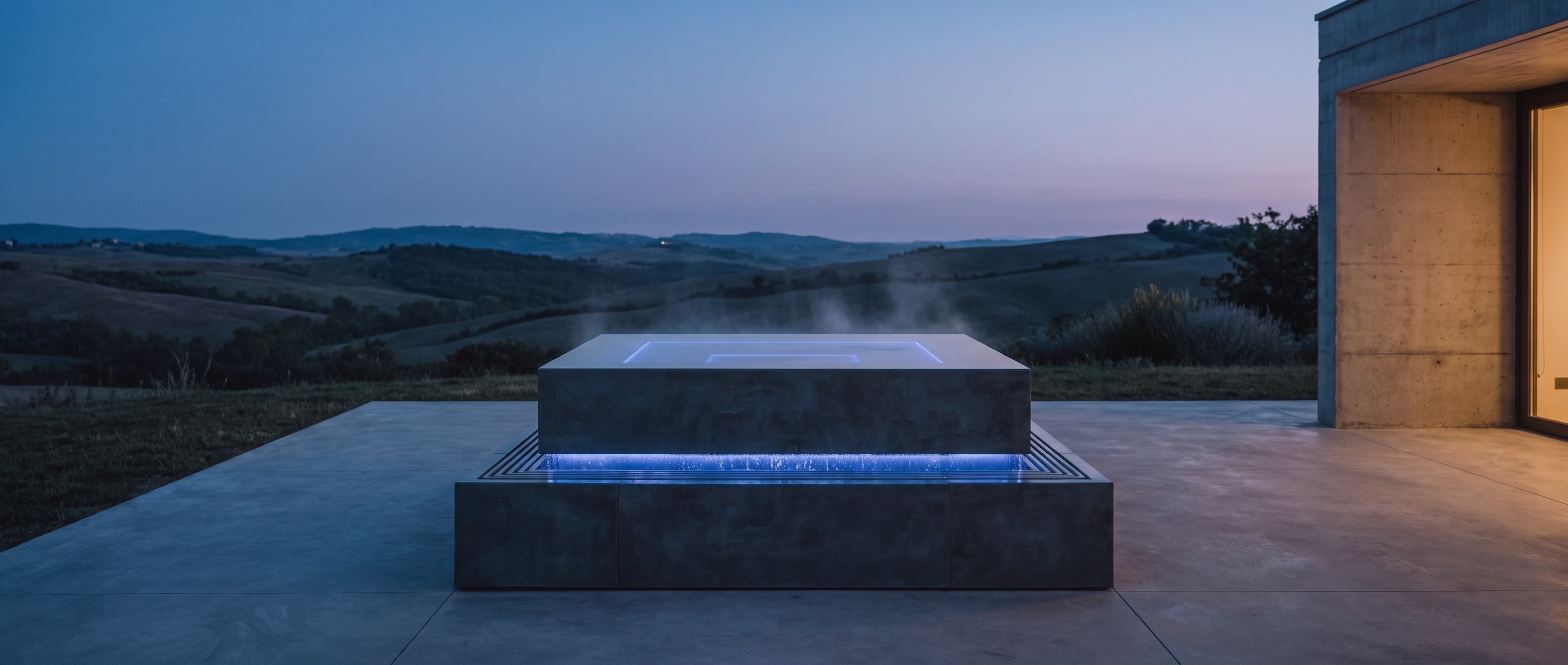 Chronos Cube 330 Natursteinwhirlpool vor Hügellandschaft zur blauen Stunde, dampfendes Wasser